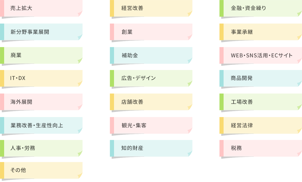 売上拡大、経営改善、金融・資金繰り、新分野事業展開、創業、事業承継、廃業、補助金、WEB・SNS活用・ECサイト、IT・DX、広告・デザイン、商品開発、海外展開、店舗改善、工場改善、業務改善・生産性向上、観光・集客、経営法律、人事・労務、知的財産、税務、その他